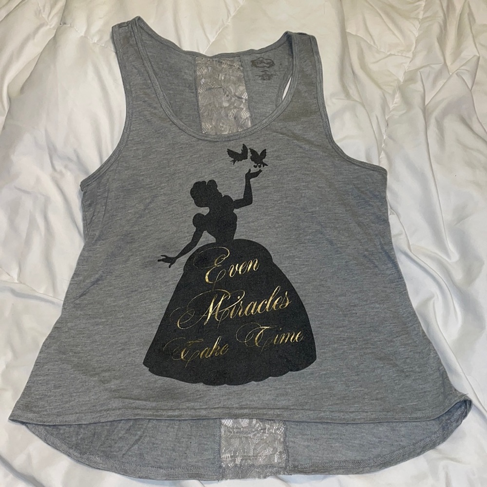 Super soft Cinderella tank “Even Miracles Take Time” Lace down the back!